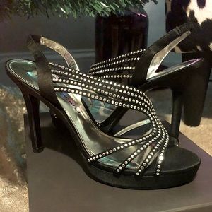 Dressy, open high heels, black strappy dress shoe